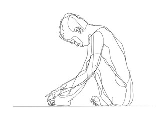 Abstract One-Line Drawing of a Sad Seated Child with Head Down
