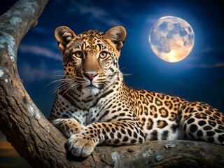 Obraz premium Majestic leopard resting on tree branch at night, full moon backdrop