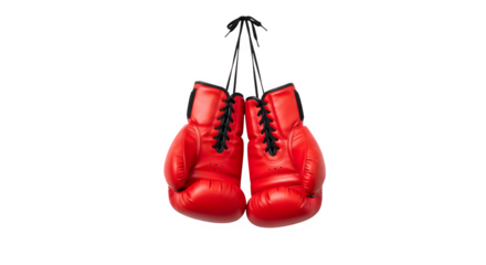 Red Boxing Gloves Hanging by Laces - Professional Fight Gear for Fitness and Combat Sports, Isolated on Transparent Background PNG