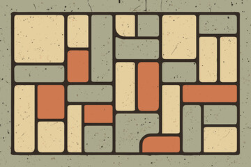 Retro tile pattern with grunge texture. Abstract geometric background in vintage 70s style. Weathered concrete wall or pavement blocks in muted earthy colors. Vector illustration.