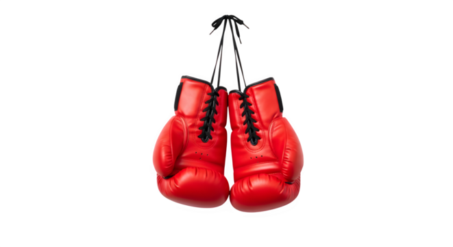 Red Boxing Gloves Hanging by Laces - Professional Fight Gear for Fitness and Combat Sports, Isolated on Transparent Background PNG