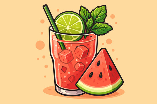 Refreshing watermelon cocktail with lime and mint. Vector cartoon illustration of a summer drink. Fresh cold juice with ice in a glass, perfect for a party menu or bar design.