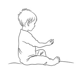 Minimal Line Drawing of a Seated Toddler in Side View with Outstretched Hand