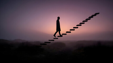 floating staircases moving independently in a lavender sky filled with digital fog