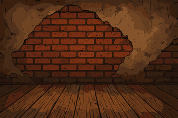 Old empty room interior with a red brick wall and wooden floor. Crumbling plaster, grunge texture background. Rustic, vintage, industrial loft style. Vector cartoon illustration.