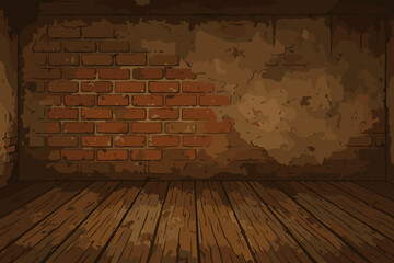 Empty room interior with old red brick wall and peeling plaster. Grunge background with a weathered wooden floor. Dark vintage basement or cellar. Rustic loft style vector illustration.