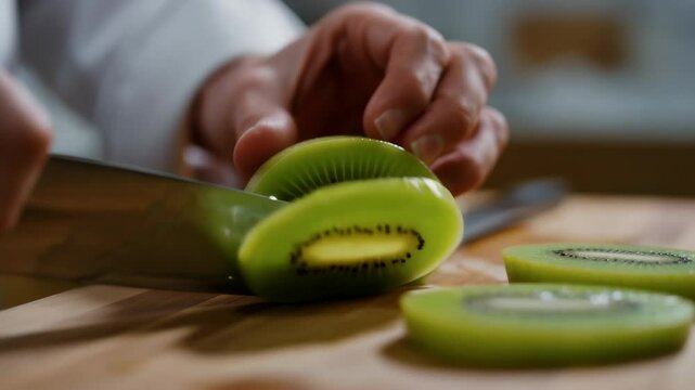 Static Shot: Detailed Kiwi Fruit Slicing by Chef - Clean, Serene, ASMR Food Styling