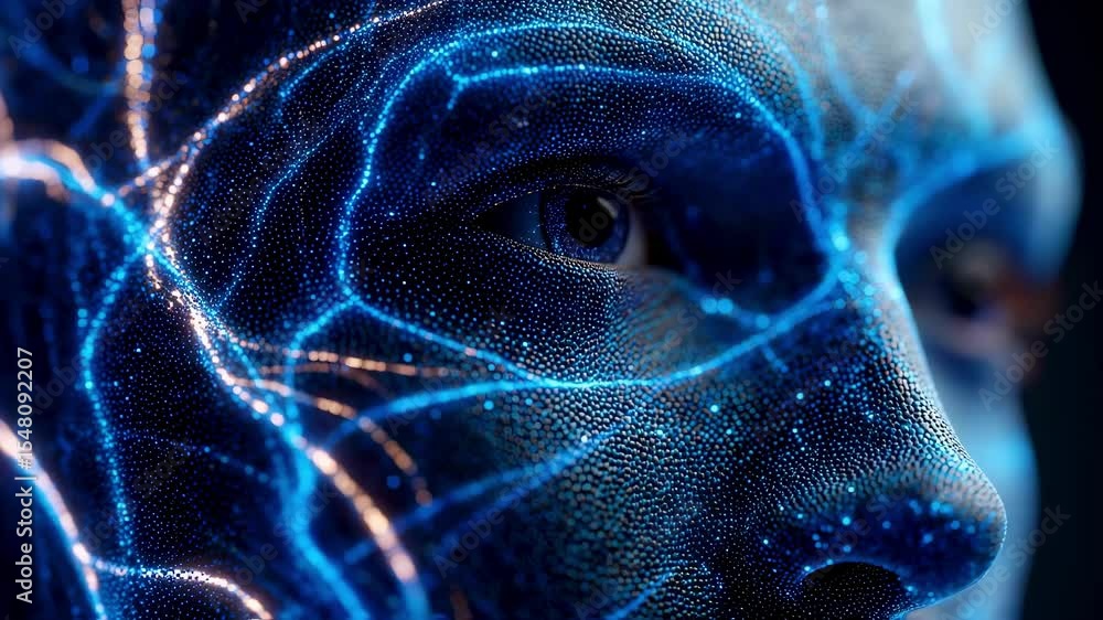Poster complex network of glowing lines and particles spreading across a man's face, symbolizing neural act