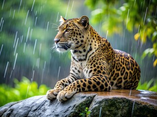 Fototapeta premium Majestic leopard resting on rock in rainforest during rainfall, serene wildlife scene
