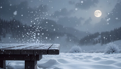 Rustic Wooden Table with Snow and Moonlight in Winter Wonderland