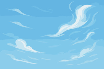 Tranquil blue sky with soft wispy white clouds, peaceful atmospheric background, serene cartoon vector illustration, airy atmosphere, dreamy sky scene, no text, nature concept