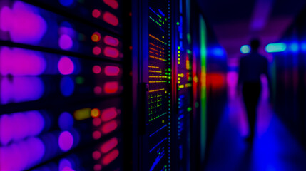 Exploring data center server room it infrastructure with network equipment and colorful led lights