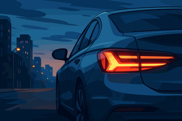 Modern car tail light glowing on city street at dusk, urban automotive design, night drive, illuminated rear brake lights, contemporary vehicle exterior, vector cartoon illustration