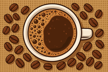 Obraz premium Top view of steaming coffee cup with foamy bubbles surrounded by roasted coffee beans on textured burlap sack. Vector cartoon illustration. Aromatic beverage, cafe background, breakfast concept