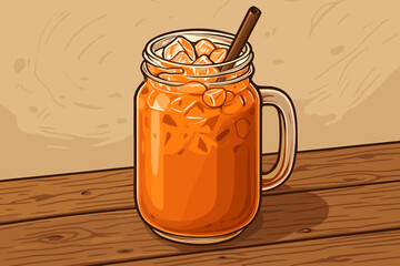 Iced Thai Milk Tea in Glass Mason Jar With Straw and Ice Cubes on Rustic Wooden Table, Refreshing Cold Beverage, Summer Drink Vector Illustration, Asian Cuisine Detail, No Text Design