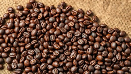 Fototapeta premium Rich brown coffee beans scattered on burlap background, poster, design