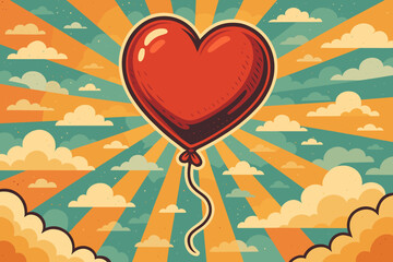Retro heart balloon in vibrant sky. Cartoon vector illustration of red heart-shaped balloon floating among clouds and sunbeams. Vintage pop art style romantic love celebration background.