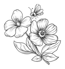 Bee and Floral Line Art – Hand Drawn Vintage Flower Illustration

