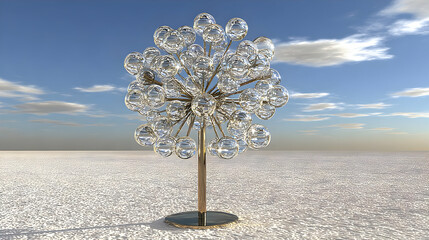 made of glass and metal standing alone in a snowy dreamlike plain