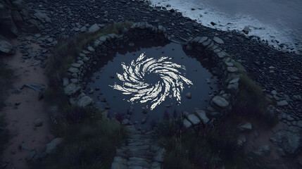 of molten metal suspended above a circle of stones glowing from below