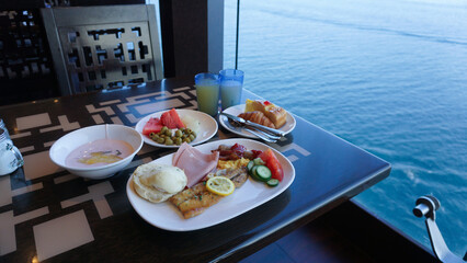 Dining Room Buffet aboard the abstract luxury cruise ship.