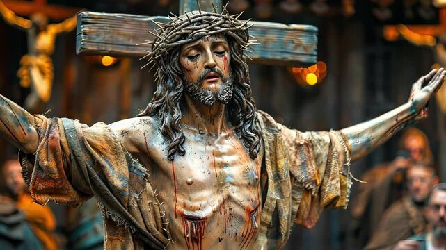 Sculpture of Jesus Christ on the cross with crown of thorns in a dramatic historical setting. concept of religious, christian symbolism, devotion, spiritual reflection