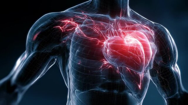 Medical visualization showing glowing red energy pulses spreading from an athlete's heart through the rib cage, suggesting a chest impact or cracked rib