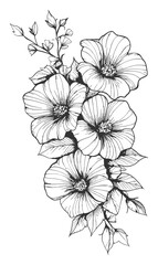 Elegant Hibiscus Line Drawing – Hand-Drawn Black and White Floral Illustration
