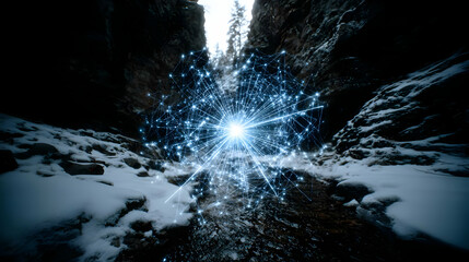 built from beams of frozen light hovering above a snowy canyon