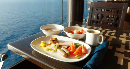Dining Room Buffet aboard the abstract luxury cruise ship.