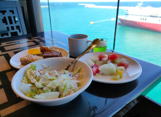 Dining Room Buffet aboard the abstract luxury cruise ship.