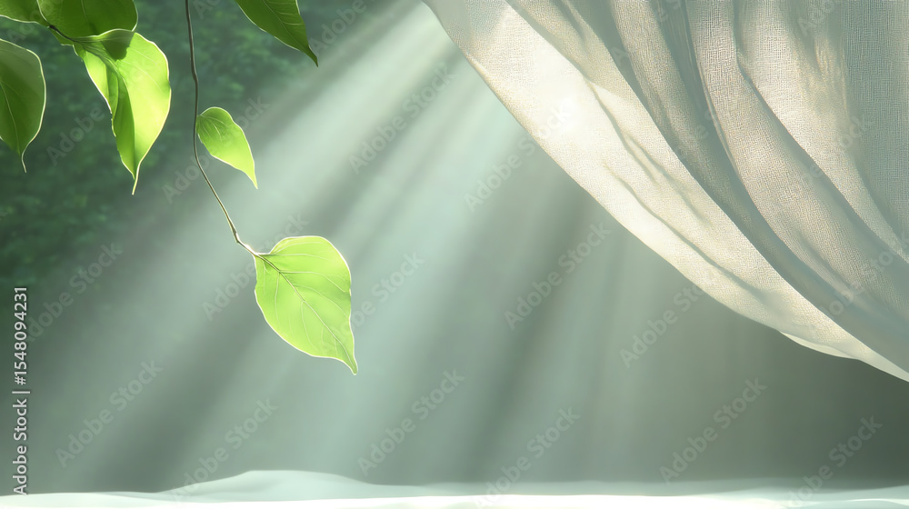 Poster a serene scene with soft light filtering through leaves and fabric, creating a tranquil atmosphere o