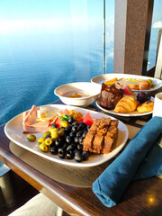 Dining Room Buffet aboard the abstract luxury cruise ship.