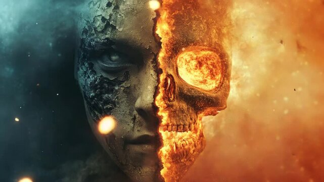 Duality of human and fiery skull amidst embracing flames and shadows