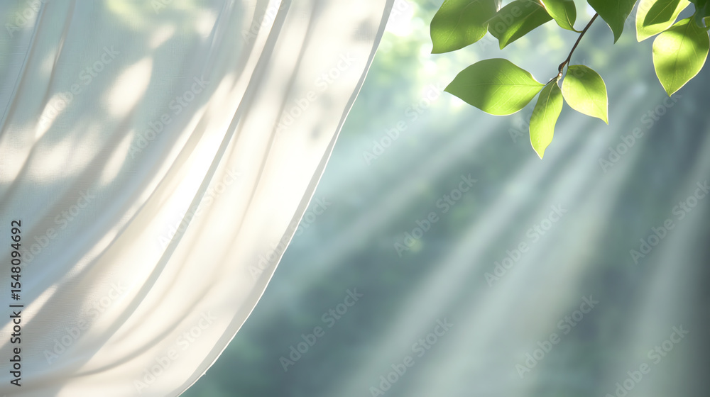 Aufkleber a serene view featuring soft curtains and gentle sunlight filtering through green leaves, creating a