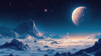 Astronaut Exploring Icy Alien Landscape Under a Distant Planet