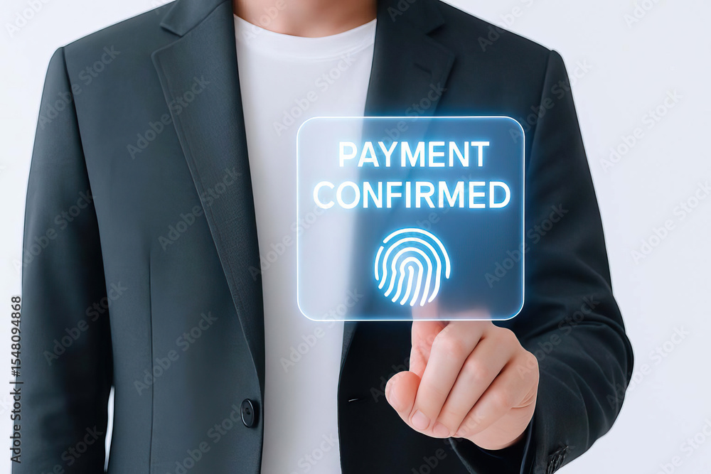 Poster payment confirmed concept with businessman pressing fingerprint scanner on virtual screen, secure di