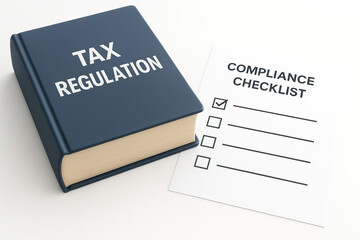 Tax regulation book and compliance checklist with checked box on white surface, symbolizing legal and financial adherence in business and accounting processes