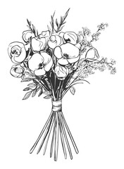 Vintage Hand Drawn Flower Bouquet Illustration in Black and White
