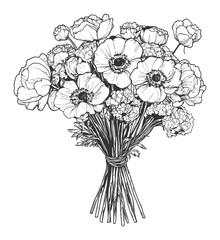Vintage Hand Drawn Flower Bouquet Illustration in Black and White
