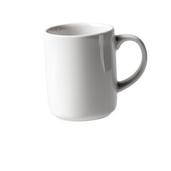 White ceramic mug isolated on a transparent background. Plain coffee cup with handle, front angle view. Used for hot drinks like coffee, tea, or cocoa in kitchen and branding mockups.
