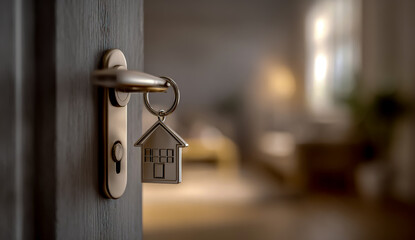 New home key on door real estate investment property ownership house buying selling dream residence open