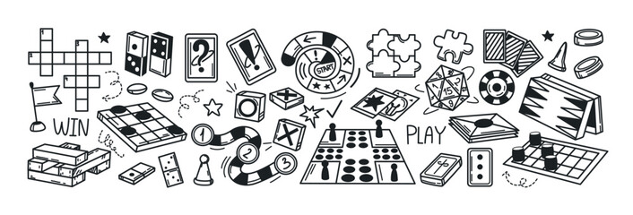 Board games doodle set. Hand drawn vector illustration sketch icons of cards, dice or pawns. Poker, checkers, roulette, jenga, domino, lotto and billiards gambling line symbols. Family leisure concept