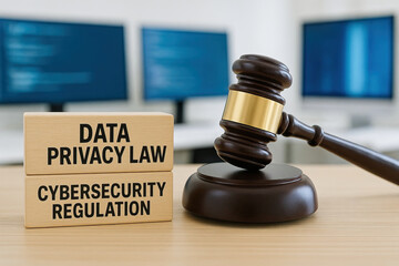 Data privacy law and cybersecurity regulation concept with wooden blocks and judge gavel on desk in office environment with blurred computer screens