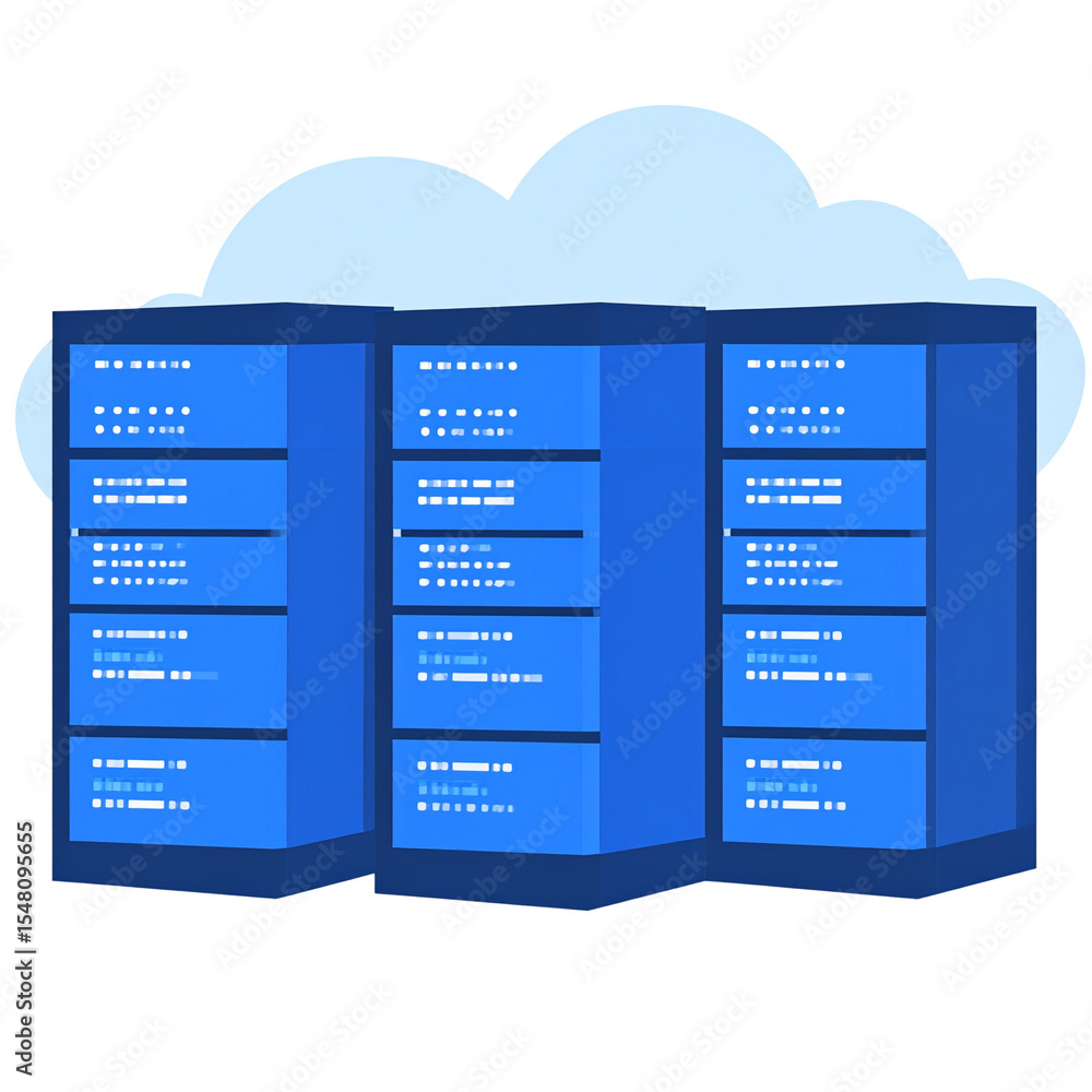 Poster isometric data center with cloud icons, server racks, and flowing data streams.