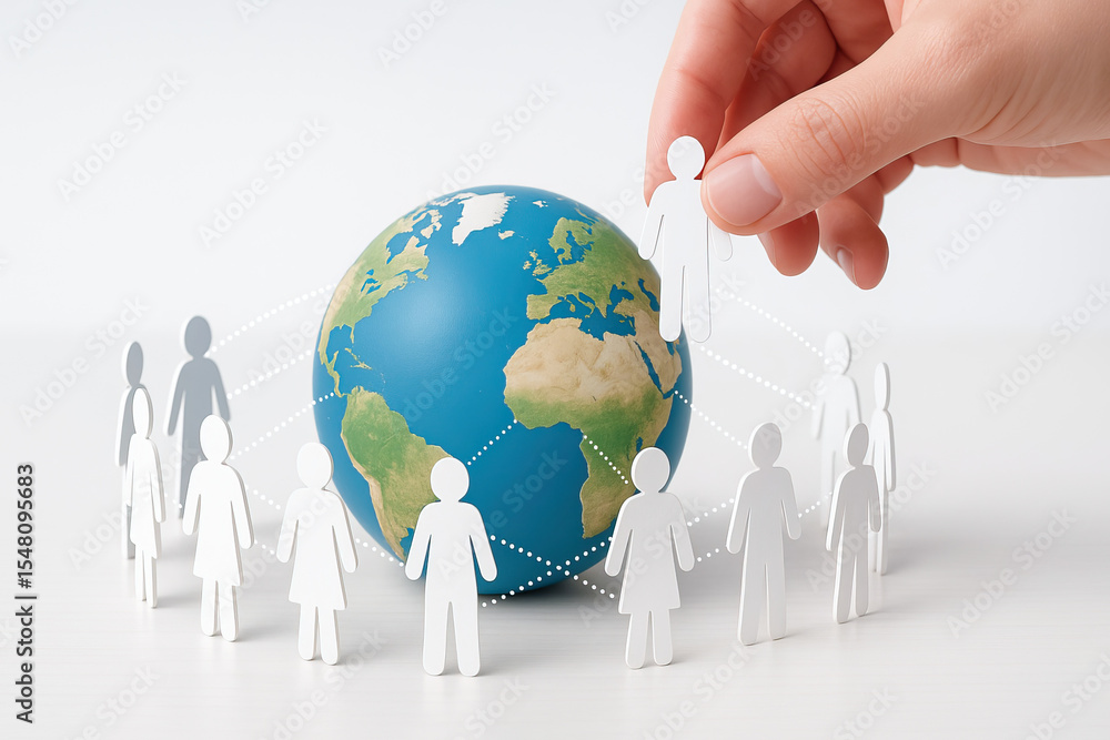 Poster human connection and global network concept with paper cutout people linked around globe, symbolizin