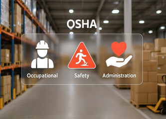Occupational safety and health administration concept with icons of worker, safety warning, and care hand in warehouse environment promoting workplace safety and health awareness
