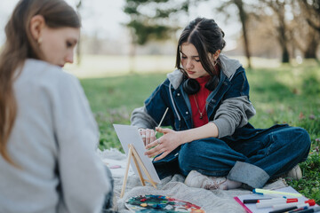 A close view of two teenagers painting on a sunny day, sharing artistic time together outdoors...