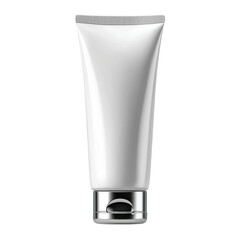 White cosmetic tube with silver cap isolated on a transparent background. Blank packaging for cream, lotion, gel, or cosmetic product. Front view of plastic container for skincare or beauty use.