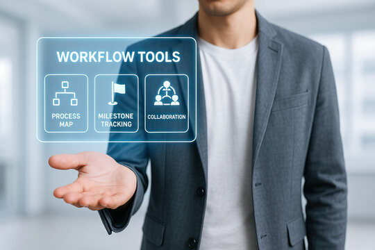 Workflow tools concept with process map milestone tracking and collaboration icons in businessman hand, digital business technology for project management